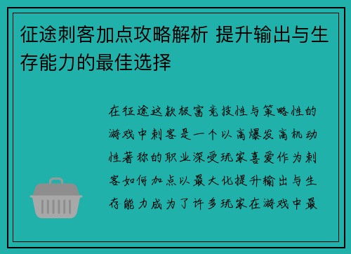征途刺客加点攻略解析 提升输出与生存能力的最佳选择