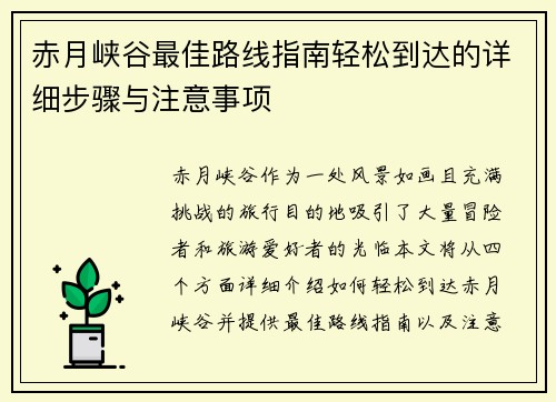 赤月峡谷最佳路线指南轻松到达的详细步骤与注意事项